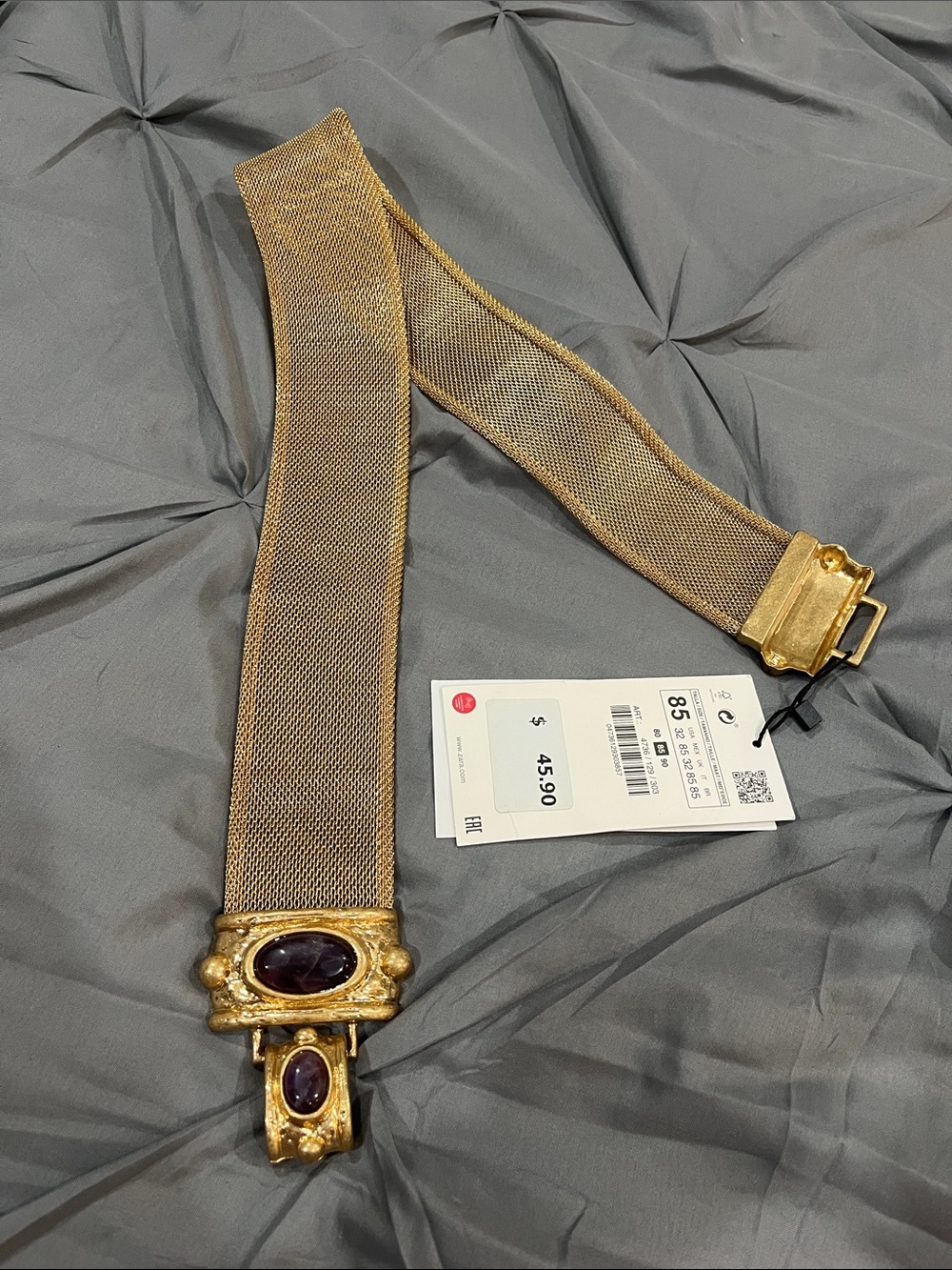 Gold-Tone Mesh Waist Belt with Purple Gem Accent